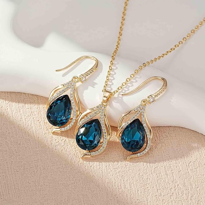 EVEVIC Austrian Crystals Teardrop Hollow Twisted Pendant Necklace Earrings for Women 14K Gold Plated Halo Drop Dangle Earrings Hypoallergenic Jewelry Set