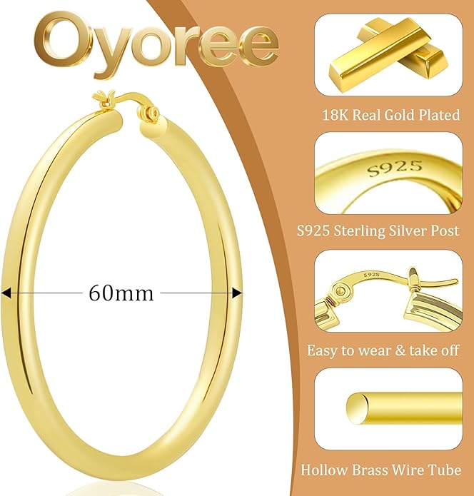 Hoop Earrings for Women, 18K Gold Plated Hoops Earrings, Hypoallergenic Lightweight Comfort Hollow Tube Hoops with Secure Push Lock, Chunky and Sleek Gold Hoops Large Earrings 20/30/40/50/60MM