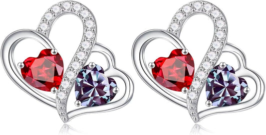 Iefil Valentines Day Gifts for Her - Birthstone Earrings Gift for Women, 925 Sterling Silver Double Heart Birthstone Earrings | Anniversary Birthday Gifts for Women, Personalized Jewelry for Wife Mom