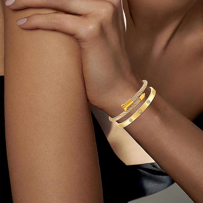 Gold Bracelets for Women - Stackable Bangles with Friendship & Love Theme - Stainless Steel Jewelry Gift for Her