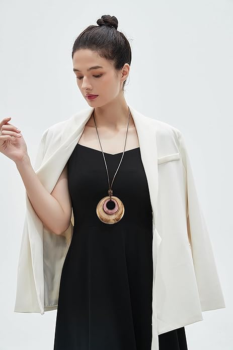 Long Boho Necklaces for Women Vintage Leather Wooden Pendant Y Choker Ethnic Style Gold Circle Hippie Sweater Necklace