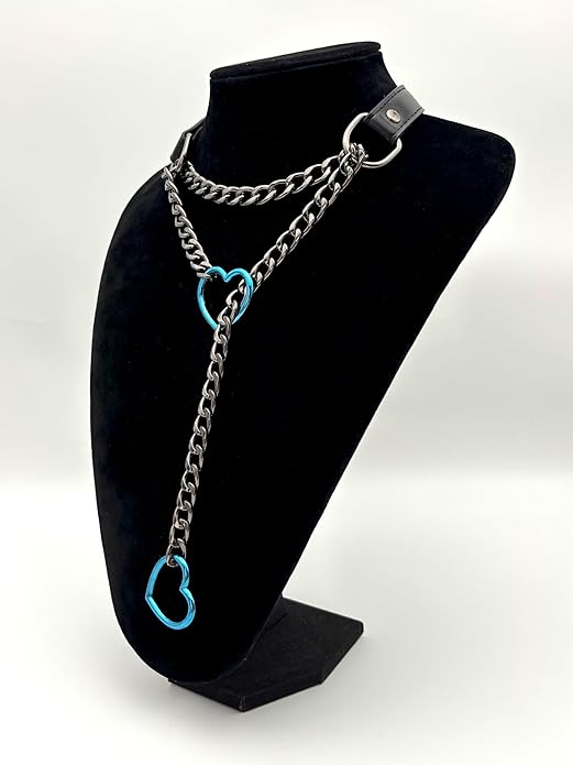 Black Leather Choker Collar For Women, Handmade Heart Slip Chain Choker Long Necklace with Adjustable Buckle