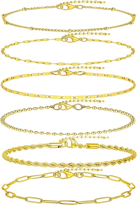 6PCS 18k Gold Plated Stainless Steel Ankle Bracelets for Women Waterproof Layered Herringbone Figaro Bead Paperclip Rope Tennis Box Cuban Link Rolo Satellite Chain Anklets Set Gold Tone