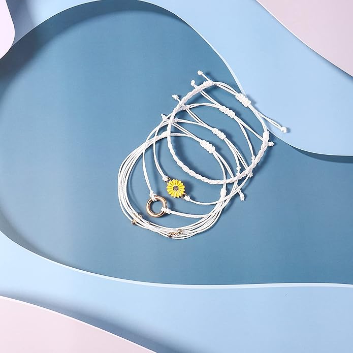 FANCY SHINY Sunflower String Bracelet Boho Braided Rope Wrap Bracelets Cute Summer Beach Surfer Jewelry for Women