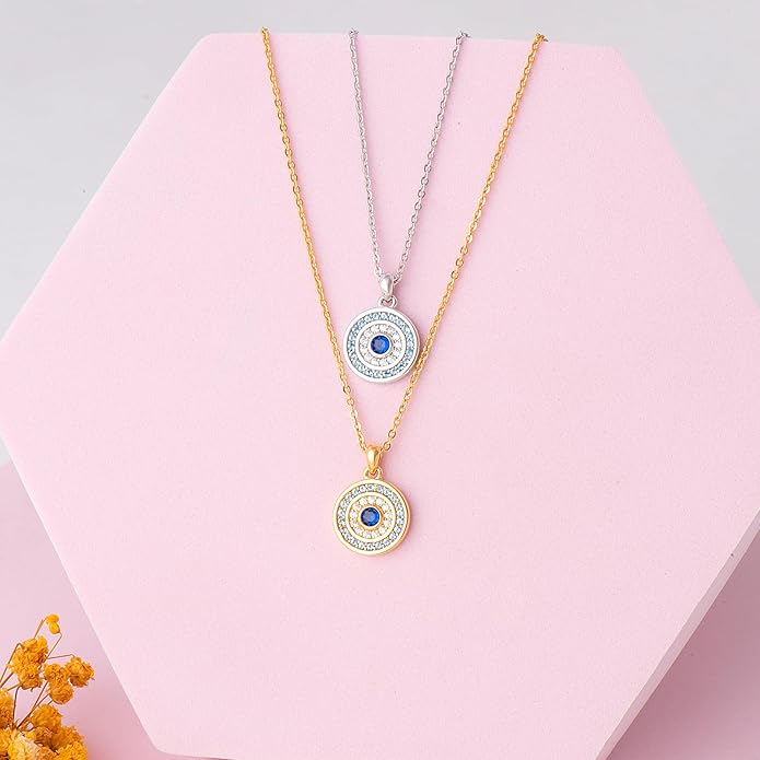 White Gold 14K Gold Plated Necklaces for Women Evil Eye Necklace for Women Girls Evil Eye Hamsa Hand of Fatima Pendant Necklace Good Luck Necklace Jewelry