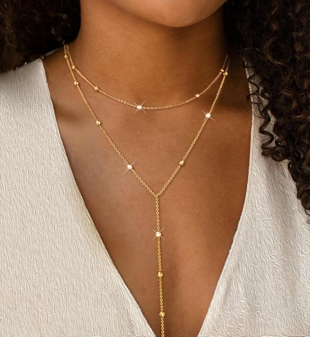 iF YOU Lariat Gold Long Necklaces for Women Trendy, Dainty 14K Gold Plated Drop Chain Necklace, Layered Rosary Beaded Y Necklaces Simple Fashion Jewelry Gifts