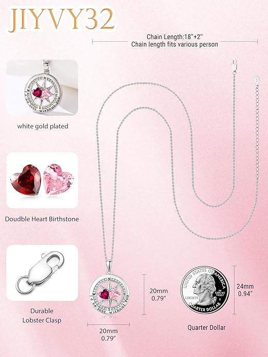 Compass Birthstones Necklace for Women, Exquisite Anniversary Birthday Gifts for Wife Her Double Birthstone Pendant jewelry ‘I'd be Lost Without You’