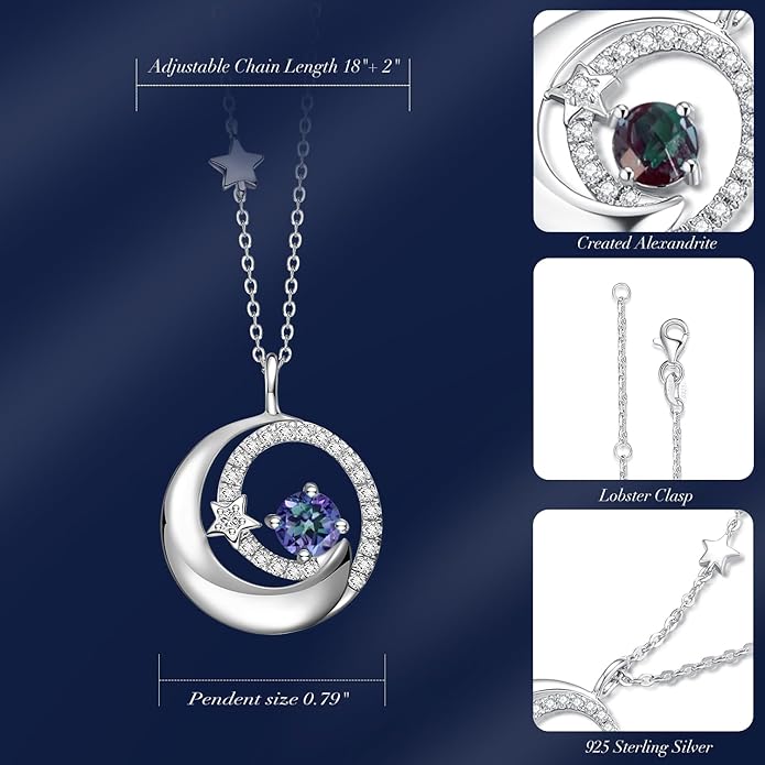 FANCIME Birthstone Necklaces 925 Sterling Silver Moon and Star Pendant Fine Jewelry Birthday Christmas Gifts for Mom Wife Her Daughter, Adjustable Chain 16+2"