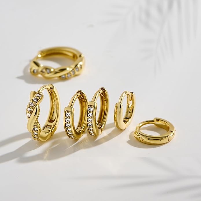 3Pairs Small Gold Huggie Hoop Earrings for Women,Romantic heart,Twisted braid two colors,3 CZ Hoop,5 Round Zircon Sport Hoops Earrings Set,14K Gold Filled Silver Hypoallergenic Earring Excellent gift