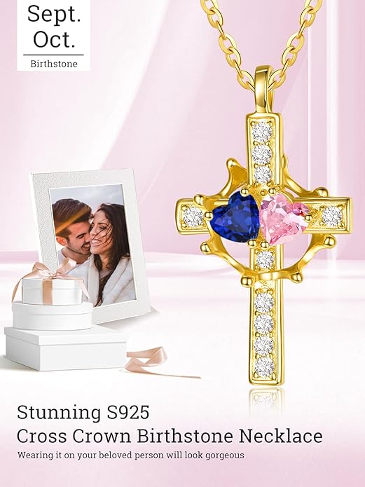 Zeuslia Double Birthstone Necklace Gifts for Wife - 925 Sterling Silver Sunflower/Rose/Crown Cross/Compass/Heart Pendant I Love You Necklace, Anniversary Birthday Gifts for Wife Girlfriend Mom Her