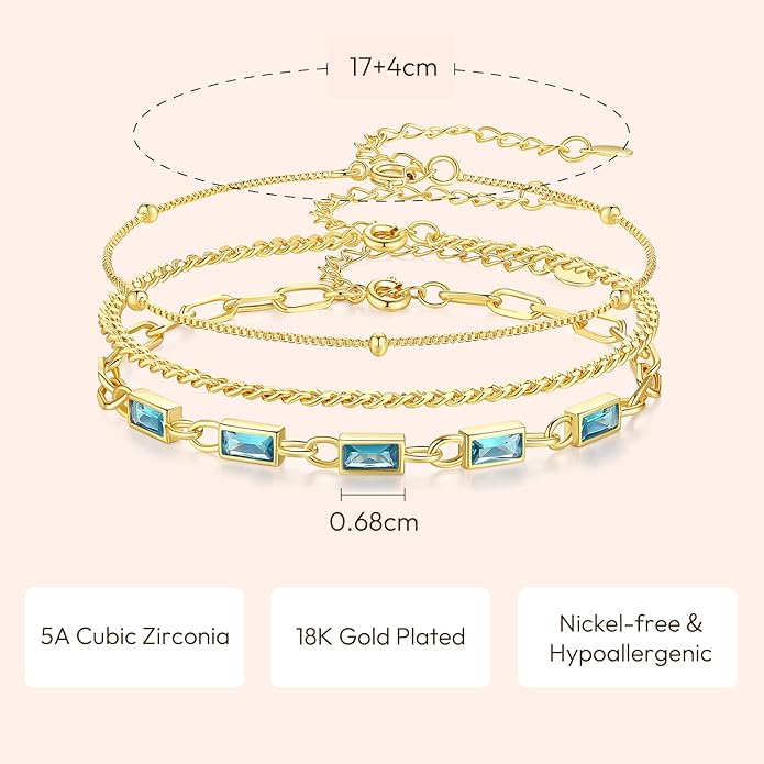 Gold Birthstone Bracelet for Women, 18K Gold Plated Layered Jewelry Bracelet Set, Women Dainty Stackable Bracelets Link Paperclip Chain Valentines Day Gift for Women