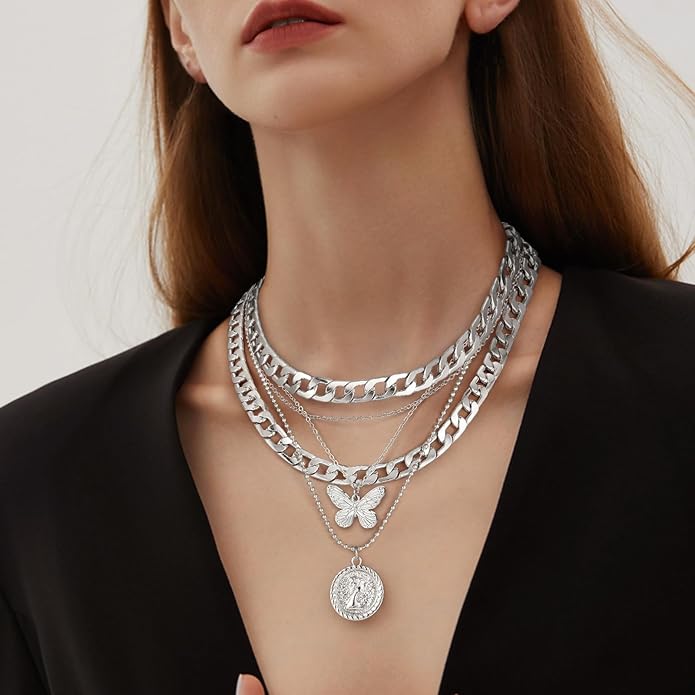 MJartoria Layered Necklaces for Women Trendy Retro Coin Pendant Necklace Dainty Chunky Chain Choker Necklaces for Jewelry Birthday Gifts