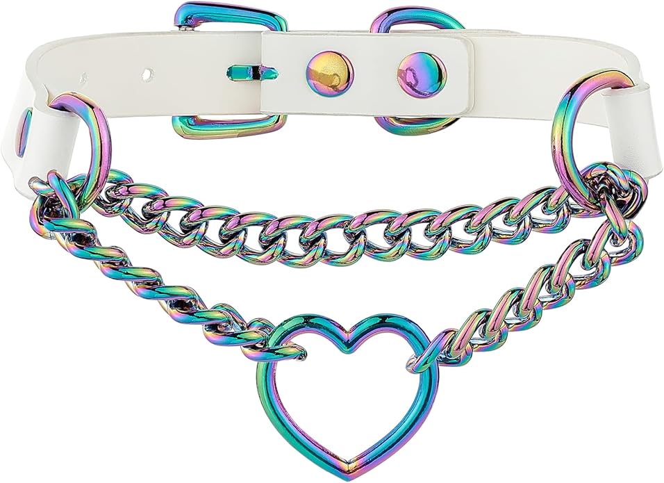 Black/Pink Leather Choker Necklace For Women, Handmade Adjustable Chain Collar with Metallic Heart Ring