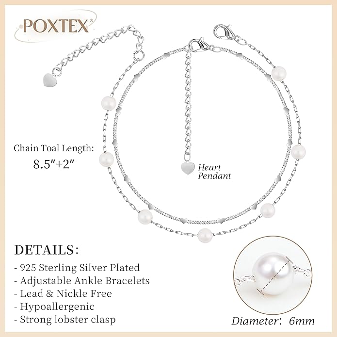 Sterling Silver Anklet Bracelets for Women Waterproof, 925 Sliver Plated CZ & Heart Charm Dainty Layer Anklets for Women Trendy, Simple Chain Anklets Set Gifts for Women, Jewelry Gifts for Her Women Mom Wife Girlfriend