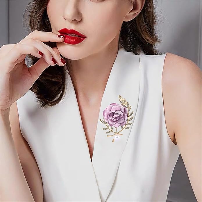 Dreuyet Rose Flower Brooch for Women Dainty Elegant Satin Fabric Flower Lapel Pins Vintage Pearl Camellia Crystal Pin Dress Suit Accessories Valentine's Day Wedding Bouquet Jewelry ﻿