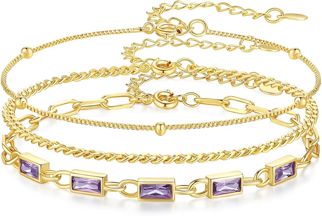 Gold Birthstone Bracelet for Women, 18K Gold Plated Layered Jewelry Bracelet Set, Women Dainty Stackable Bracelets Link Paperclip Chain Valentines Day Gift for Women
