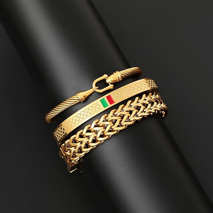 WFYOU 3PCS Stainless Steel Bracelets for Men Gold Roman Numeral Bangle Bracelet Twisted Cable Bracelet Adjustable Cuff Bracelet Mens Luxury Jewelry Bracelets Gifts