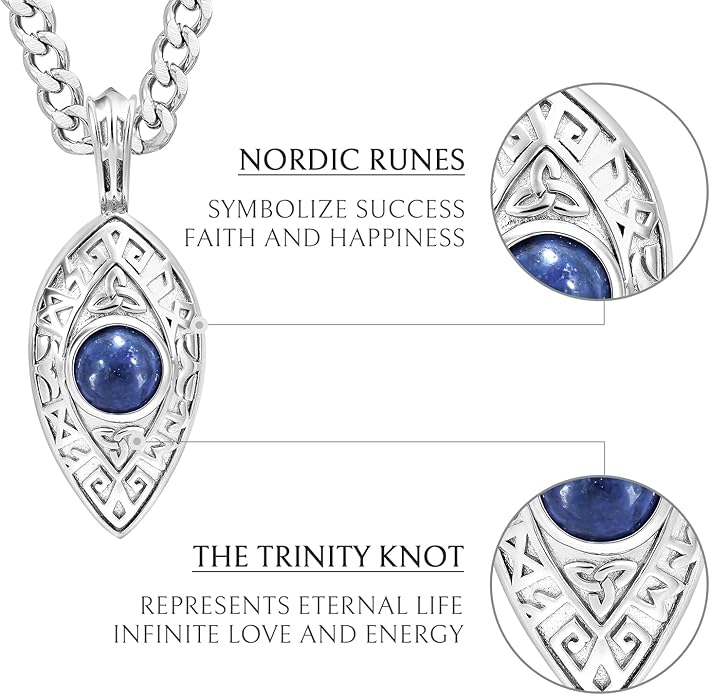 AWNL Dumortierite Moving Ball Necklace for Men Sterling Silver Engraved Runes Natural Gemstone Premium Pendant Necklace with Stainless Steel Chain Gift for Men 24 Inch