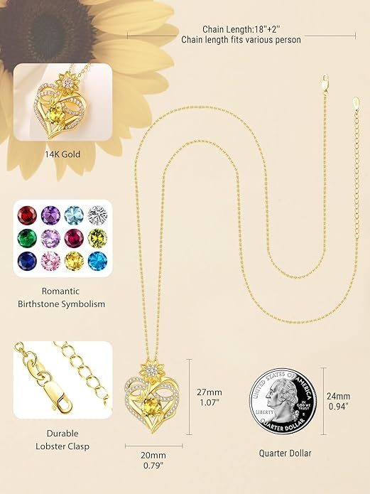 14K Gold Sunflower Birthstone Necklace for Women Infinity Love Heart Necklace Christmas Valentines Mothers Day Anniversary Birthday Gifts for Her Mom Wife Girlfriend Daughter