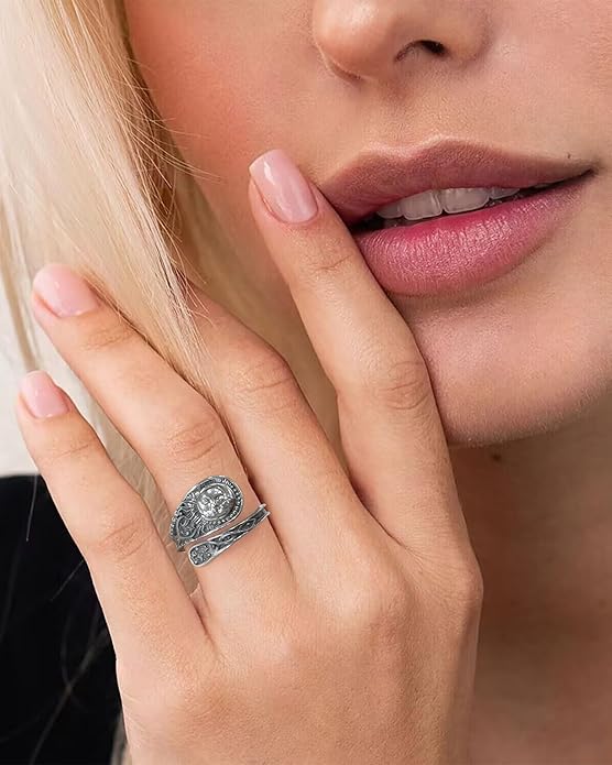 S925-Sterling-Silver Abalone Dragonfly-Turquoise Spoon Ring - Vintage Boho Sunflower Thumb Oxidized Wrap Rings Victorian Style Antique Floral Jewelry Gifts for Women