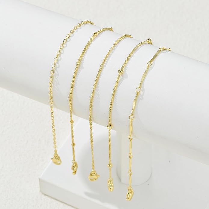 iF YOU Gold Ankle Bracelets for Women, 14k Gold Plated Waterproof Cuban Link Chain Anklets Set, Layered Anklet Bracelets for Women Beach Gift Adjustable Size 5pc