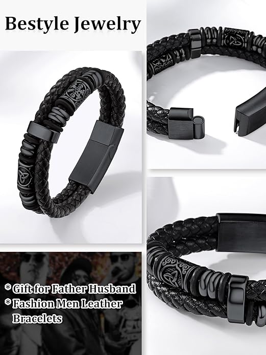 Bestyle Genuine Men Leather Bracelets Fashion Stainless Steel Celtic/Sport Ball Bead Cuff Wirstband Bracelets for Men, Size 7.5/8.3/9.1Inch