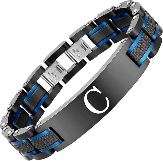 Men's initials bracelet - blue and black double spelling, men's bracelet stainless steel. Elegant and durable with gift box