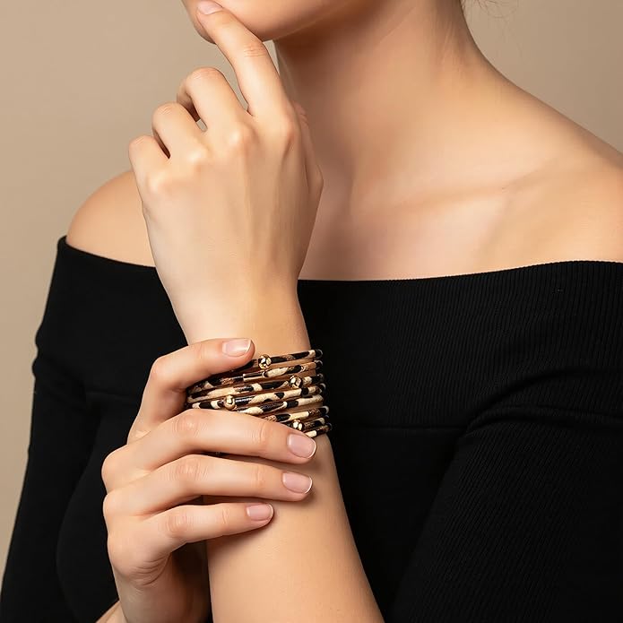 Fesciory Leopard Bracelet for Women, Boho Leather Wrap Multi-Layer Pearl Crystal Bracelet Bangle Jewelry