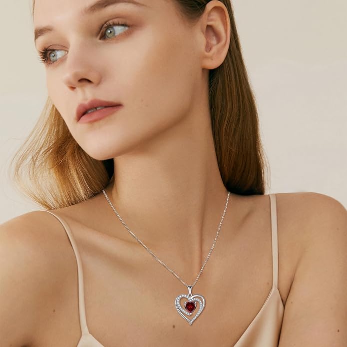 FJ Love Heart Necklace for Women 925 Sterling Silver Birthstone Pendant Anniversary Birthday Jewelry