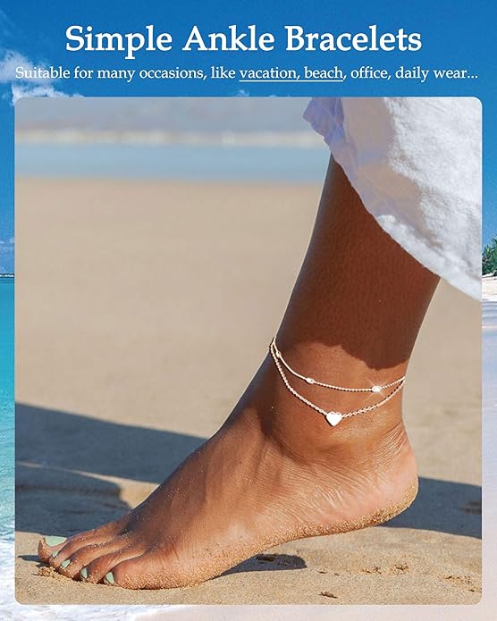 FUNEIA Gold Silver Ankle Bracelets for Women Waterproof 14K Gold Plated Anklets for Women Non Tarnish Dainty Layered Beaded Heart Anklet Set Summer Beach Foot Chain Jewelry Gifts Trendy Stuff