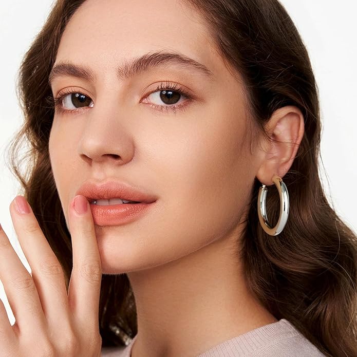 SHOWNII Chunky Gold Hoop Earrings - 14K Gold Plated Earrings for Women Hollow Tube Thick Hoops Graduation Gifts for Her