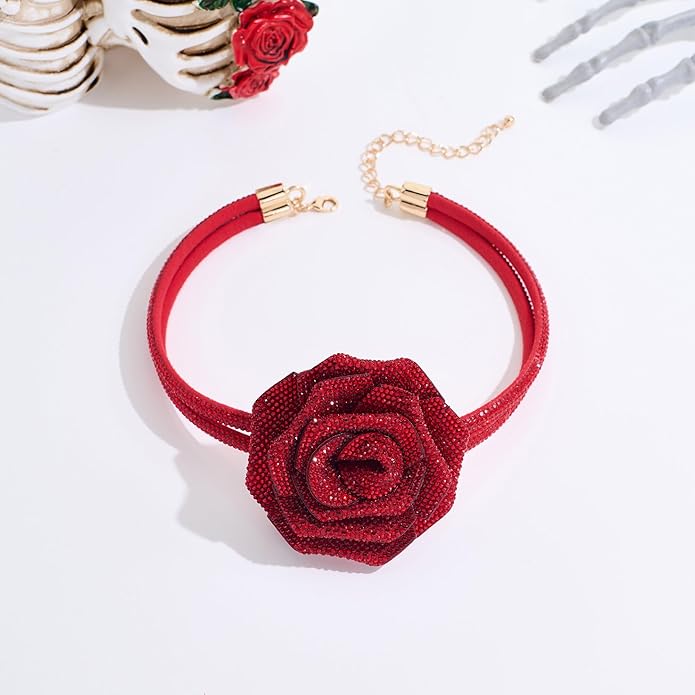 Rose Choker Necklace for Women Gothic Floral Crystal Rhinestone Collar Necklace Short Chain Statement Choker Wedding Party Costume Jewelry Gift for Her
