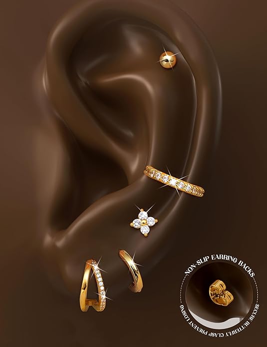 Florideco 925 Sterling Silver Earrings for Women Trendy Hypoallergenic Small Gold Hoop Earrings 14K Gold Plated Stud Earring Sets for Multiple Piercing CZ Ear Cuff Cartilage Earring Stacks