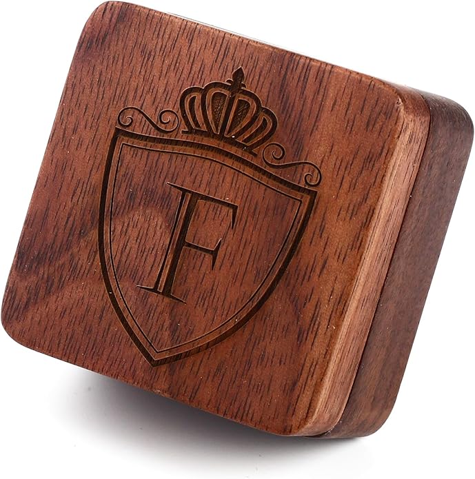 Mens Initial Silver Cufflinks A-Z Alphabet Letter Steel Cuff Links with Engraved Walnut Wood Box Groom Groomsman Wedding Set…