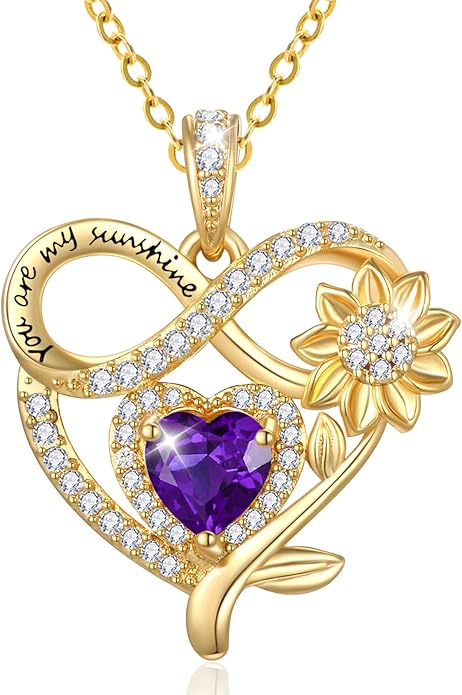 14K Gold Sunflower Heart Necklace for Women, You Are My Sunshine Jewelry with Birthstone Pendant, Anniversary Birthday Gifts for Her Wife Mom Grandma Daughter