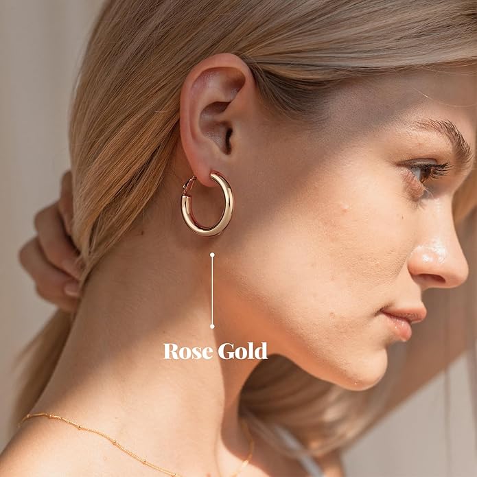 SHOWNII Chunky Gold Hoop Earrings - 14K Gold Plated Earrings for Women Hollow Tube Thick Hoops Graduation Gifts for Her