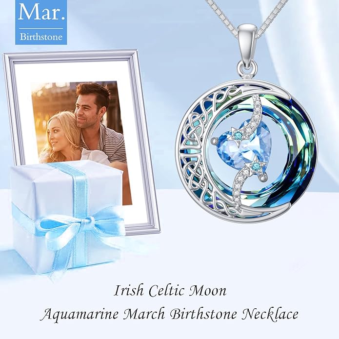 TOUPOP Christmas Gifts Birthstone Necklace 925 Sterling Silver Moon and Star Pendant with Blue Crystal Celtic Moon Jewelry Birthday Gifts for Women Mom Wife Her Daughter
