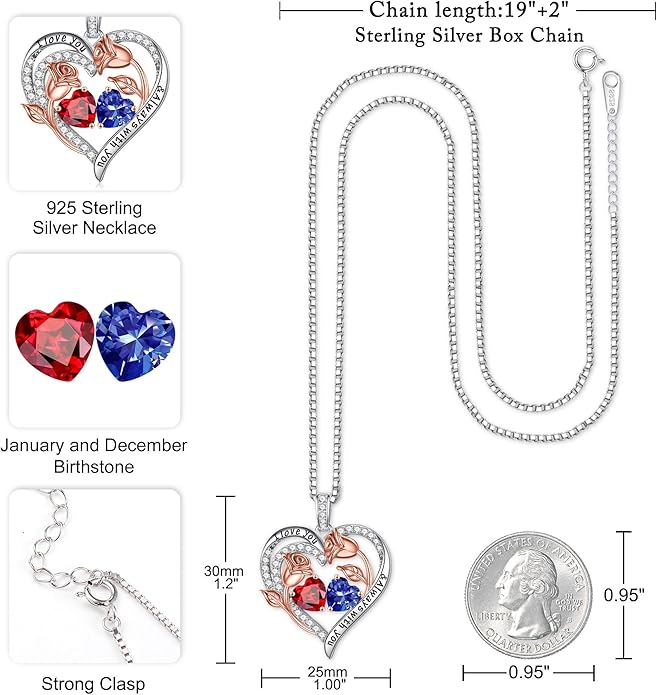 Iefil Birthstone Necklace for Women - 925 Sterling Silver Rose Heart Birthstone Necklace Birthday Anniversary Jewelry Gifts for Her Wife Mom Daughter