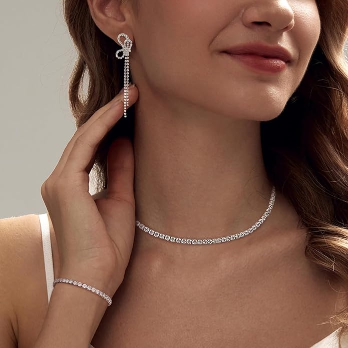 Tennis Necklace Bracelet for Women, Sterling Sliver, Dainty Chocker Necklace, Crystal Bracelet for Women, Wedding Jewelry for Bride, Sparkly Party Prom Hypoallergenic