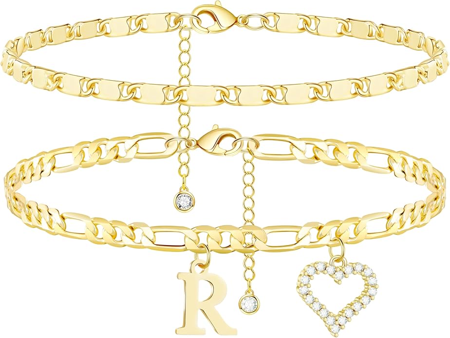 Initial Ankle Bracelets for Women Waterproof 14K Gold Plated Dainty Layered Figaro Chain Letter Initial CZ Heart Ankle Bracelets Set Summer Beach Jewelry for Women