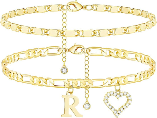 Initial Ankle Bracelets for Women Waterproof 14K Gold Plated Dainty Layered Figaro Chain Letter Initial CZ Heart Ankle Bracelets Set Summer Beach Jewelry for Women