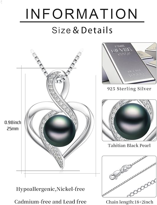 Tahitian Black Pearl Necklace Infinity Gifts for Women Wife Wedding Birthday Anniversary Jewelry Valentines Christmas Day Gifts 925 Sterling Silver
