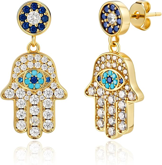 Cicy Bell Womens Evil Eyes 18k Gold Plated Dangle Earrings Hamsa Hand Turquoise Cubic Zirconia Elegant Drop Earrings Trendy Jewelry Gifts for Lover Mom Friends
