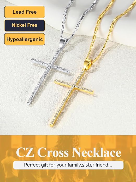 U7 Cross Necklace for Women,Silver/14K Gold Large or Small Cross Necklaces with CZ Diamond,Faith Birthday/Christmas Gift for Her Women Mother Daughter Grandmother