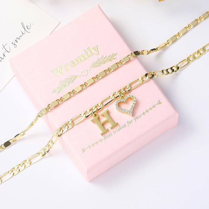 Initial Ankle Bracelets for Women Waterproof 14K Gold Plated Dainty Layered Figaro Chain Letter Initial CZ Heart Ankle Bracelets Set Summer Beach Jewelry for Women