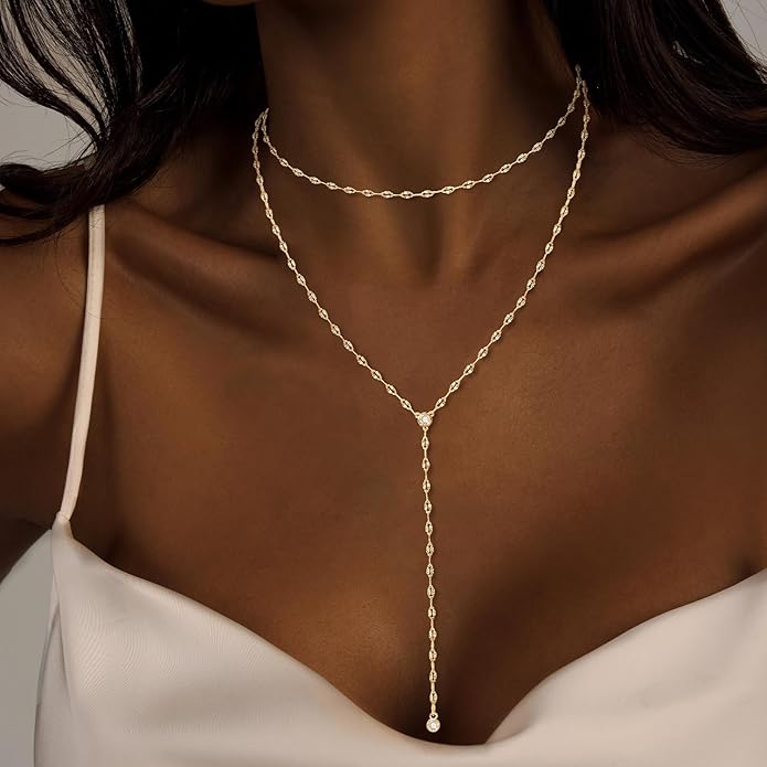 Luxval Lariat Gold Necklace for Women, Dainty Long Necklace 14k Gold Plated/Silver Y-Shaped Pendant Necklaces Trendy Beaded Chain Drop Necklaces Jewelry for Women Gifts