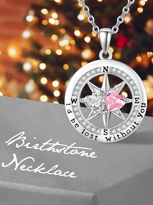 Compass Birthstones Necklace for Women, Exquisite Anniversary Birthday Gifts for Wife Her Double Birthstone Pendant jewelry ‘I'd be Lost Without You’