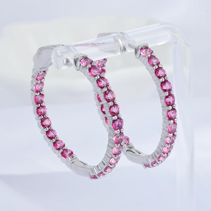 Hoop Earrings with 40 Colored Gemstones, Birthstone Earrings, 925 Sterling Silver Rhodium Plated, Push Back Closure, 1.18'
