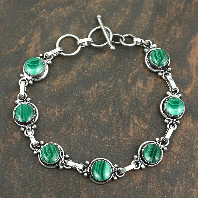 Round Shape Natural & Synthetic Gemstones Silver Plated Bracelets for Women - Vintage Bohemian Style Handmade Birthstone Adjustable Link Bracelet Jewelry Gifts for Wedding Anniversary Mother's Day