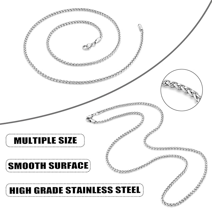 sovesi Wheat Necklace Chain for Men, Silver Plated Stainless Steel Necklace, 2.5/3mm Width Chain for Men and Women, 16-28 Inches Length Gift Jewelry
